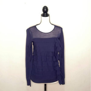 ANN Taylor Shirt Sweater Purple Merino Wool Ruffled Crew Neck‎ Knit Lightweight